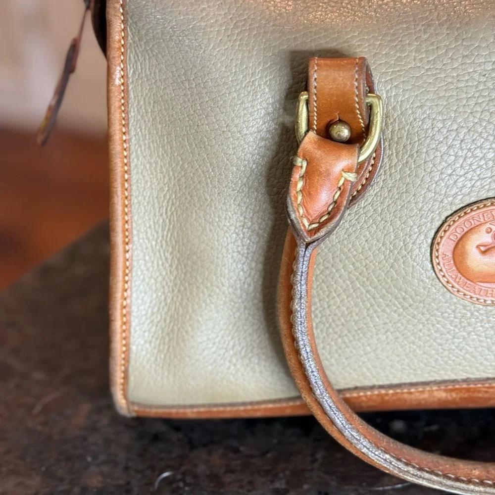 Vintage Dooney & Bourke Olive Green and Brown Leather Satchel with Brass Accents